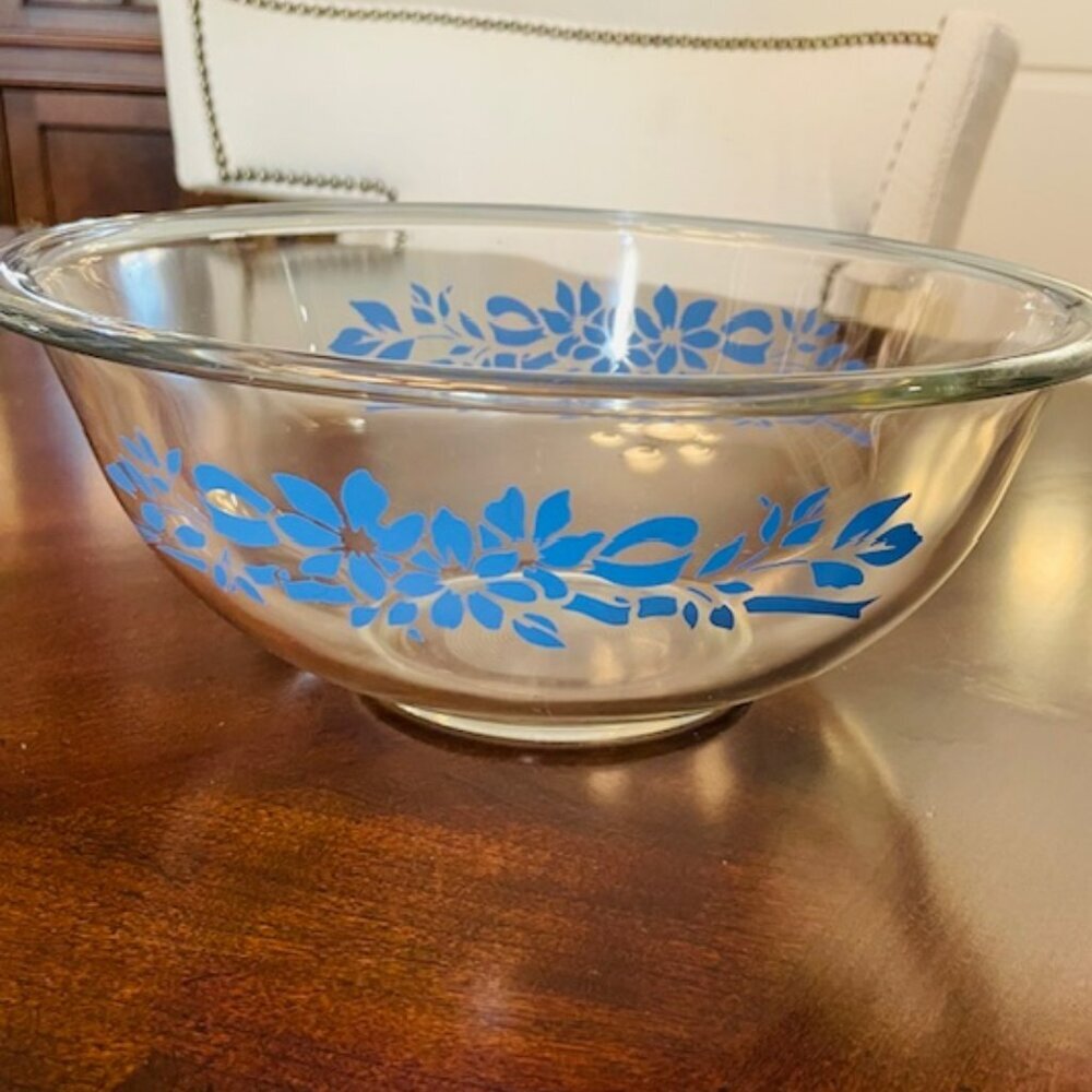 Vintage Pyrex Clear 2.5L ~Blue Floral Ribbon~ #325 Kitchen Mixing Bowl